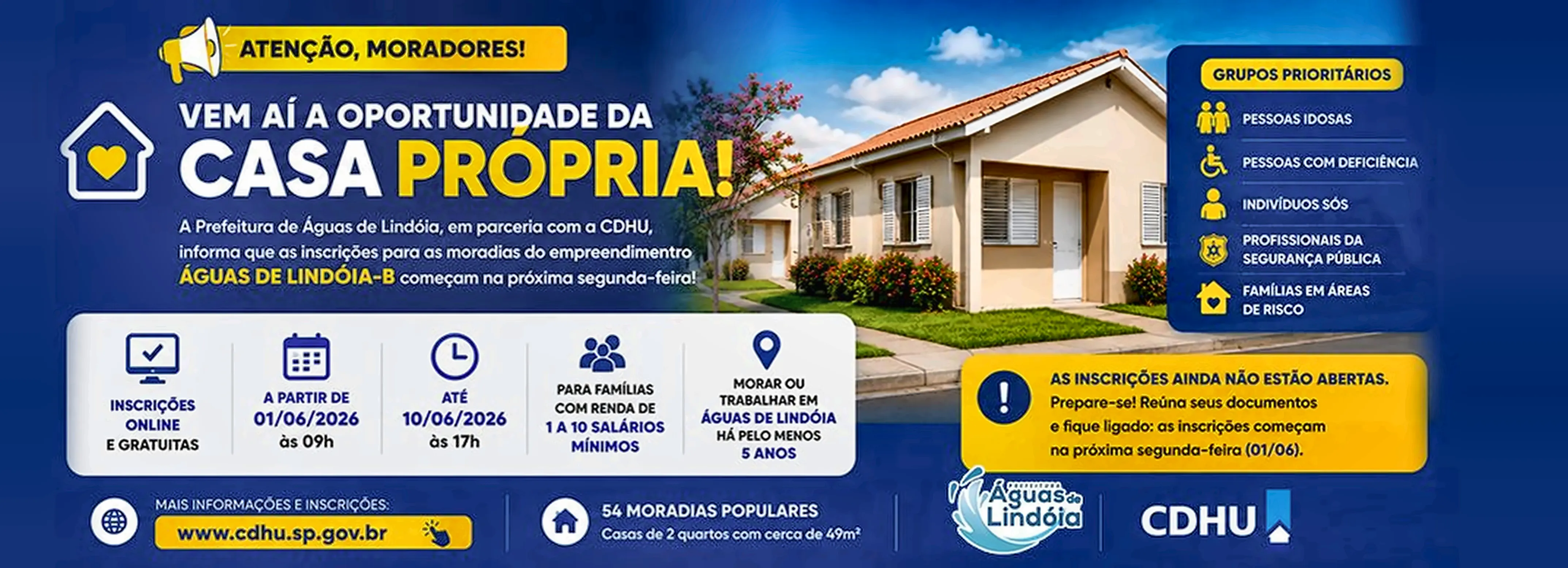 Prefeitura de Águas de Lindóia abre inscrições para moradias da CDHU;