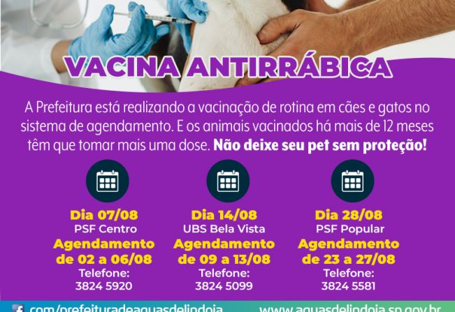 Vigilância Epidemiológica divulga calendário de vacinação contra a raiva para o mês de agosto