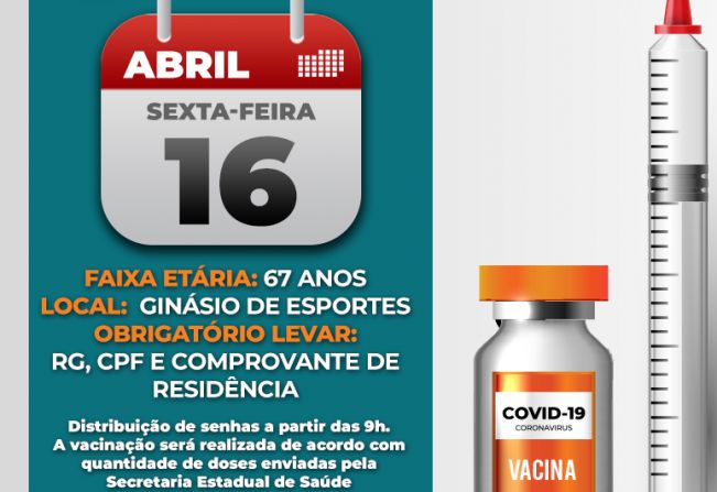 Vacinação contra o Covid-19 passa a ser realizada no Ginásio de Esportes a partir de sexta-feira, dia 16