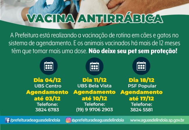 Vigilância Epidemiológica divulga calendário de vacinação contra a raiva para o mês de dezembro