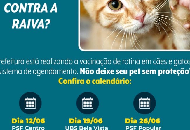 Secretaria de Saúde divulga calendário de vacinação de rotina contra a raiva em cães e gatos para junho