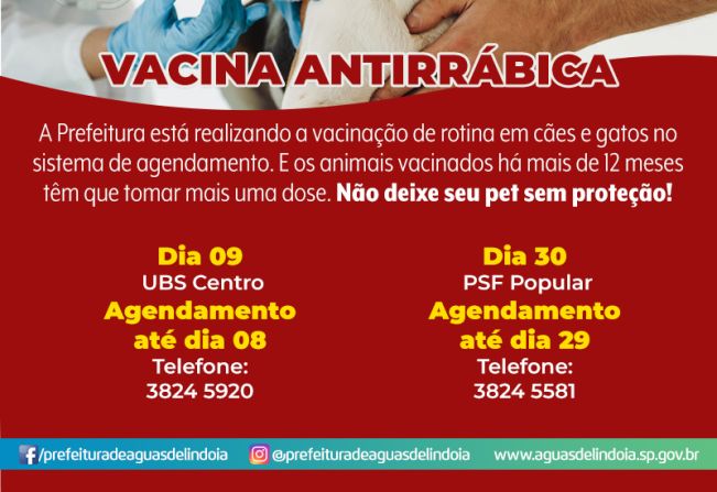 Vigilância Epidemiológica divulga calendário de vacinação contra a raiva para o mês de abril
