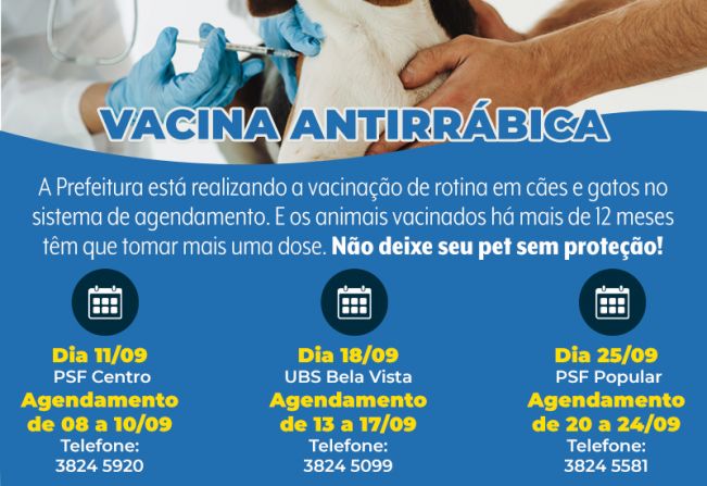 Vigilância Epidemiológica divulga calendário de vacinação contra a raiva para o mês de setembro